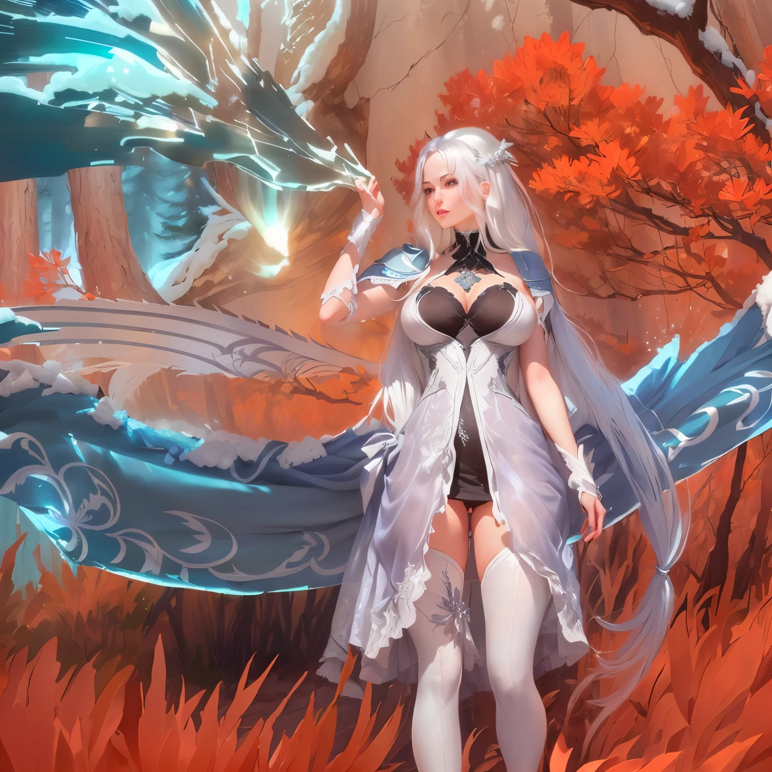 character with silvery white hair, with a slightly sensual pose. The character should have large breasts and the legs should also be very apparent. 
The character's hair sways slightly in the breeze.
The character's breasts sway softly as she breathes.
Young beauty spirit.
In the background, a pine forest lightly covered by snow.