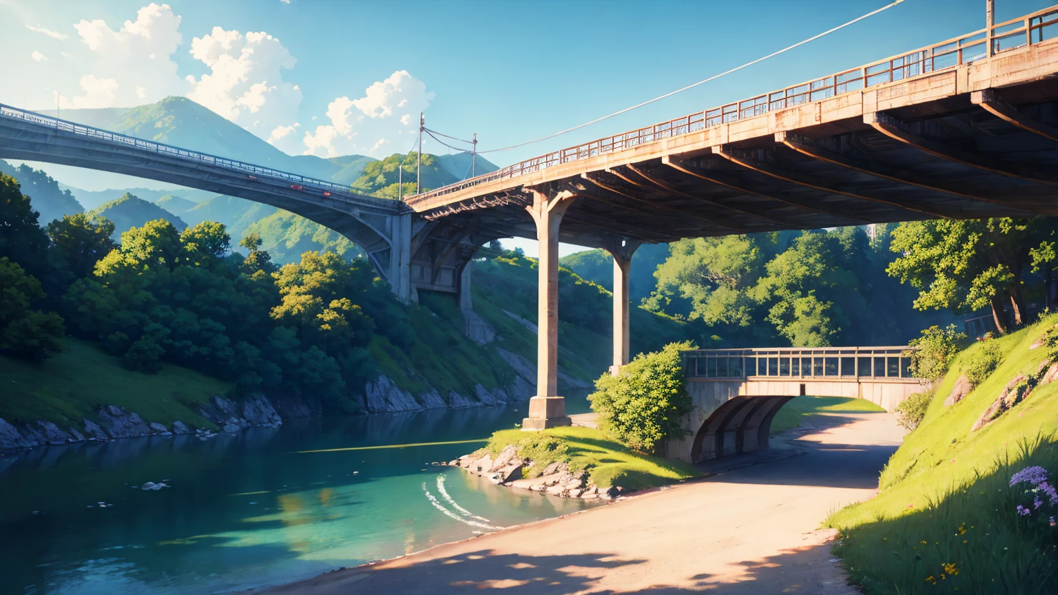 Empty Side view anime bridge for cars