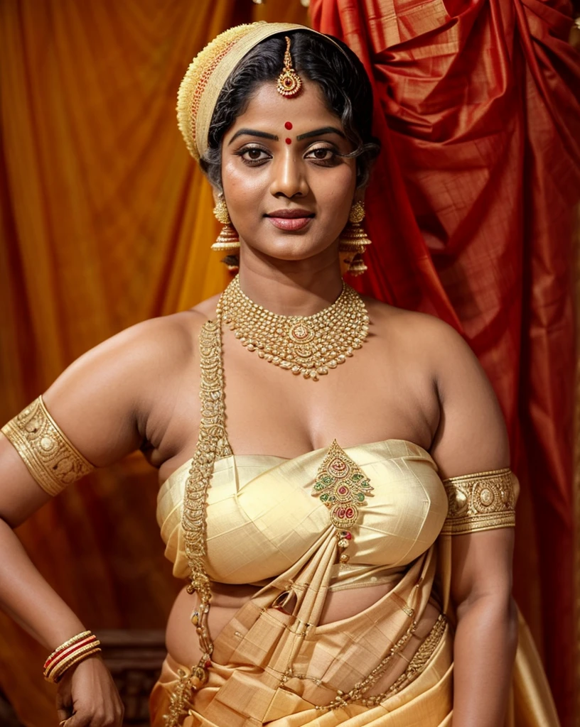 An Extremely gorgeous and beautiful Bengali village woman, 48 yo, pale white skin, sensual appealing body, perfect thick and chubby Beauty, wearing saree bare-chested, wearing a Bengali-style saree without a blouse,, ethnic vintage bengali village woman, bengali style saree, The sari was worn without a blouse and petticoat before the British Raj, baring one's chest or being blouseless,  Bengalis a.k.a. Bongs are known for their unique Bengali fashion sense (the way they don that sari makes you go wow), Pre British Raj, Pre colonial era, Bengali Woman draping sari without blouse is a normal thing in pre British Era, bong woman, Indian sensibility, Indian ethnicity, 