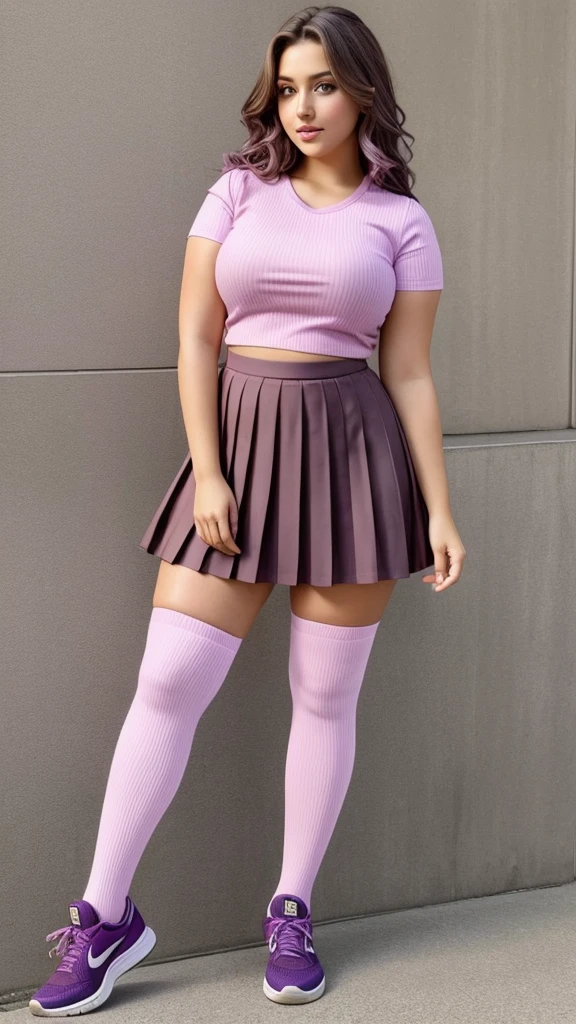 Photo of sexy young woman, wavy brown hair with violet highlights. Large and bright brown eyes , long eyelashes. Voluptuous, with pronunced breasts, hips and bottom. Wears a casual tight-fitting shirt, a short pink pleated skirt, curvy, knee-high socks have horizontal stripes in pastel shades, and wears sneakers.