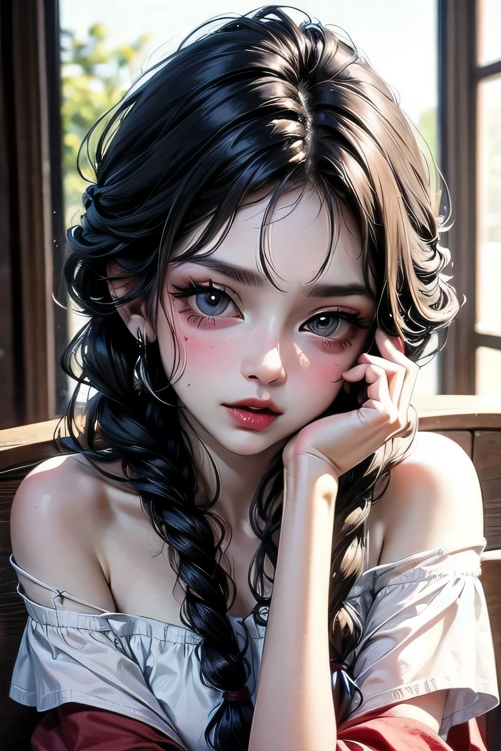 Sexy woman, black hair, single braid, seductive eyes, intense gaze, mouth parted, deep blush, flustered, beautiful face, amazing makeup, off shoulder t shirt