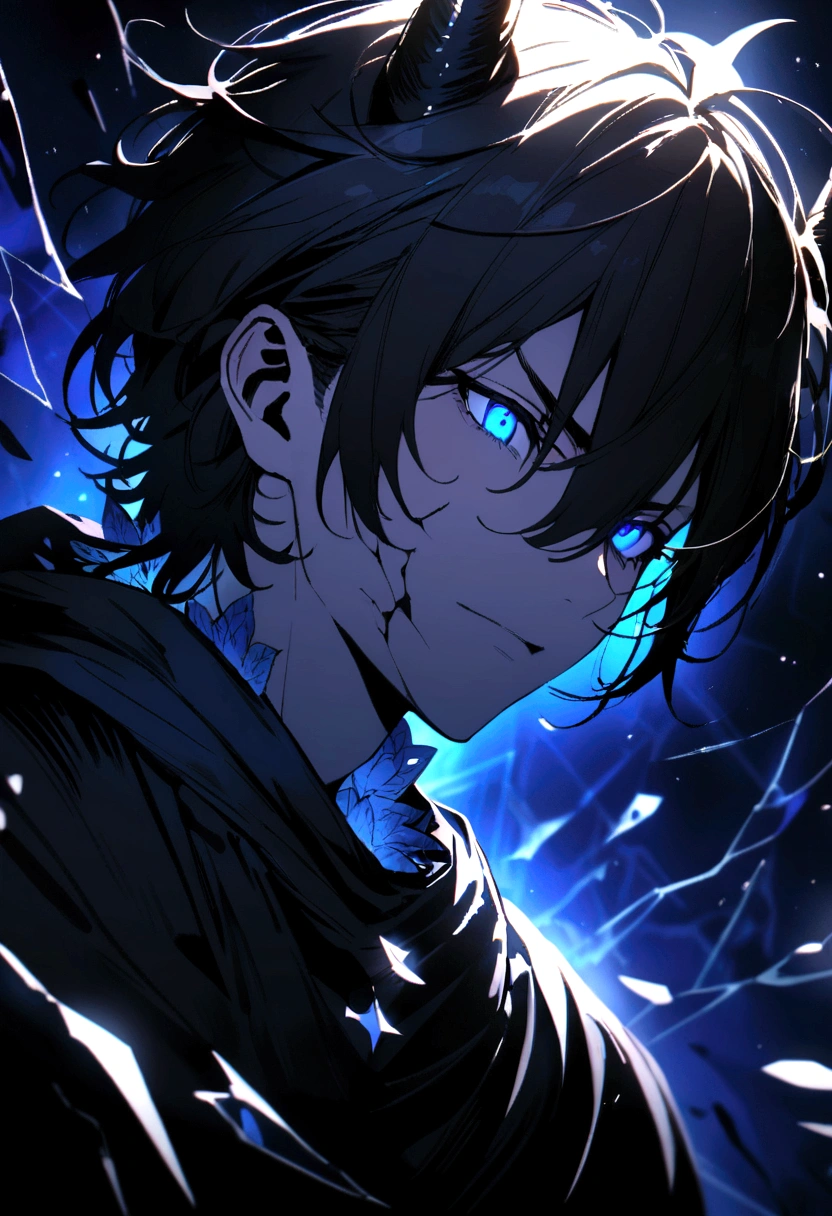 (masterpiece, best quality, ultra-detailed, best shadow), (detailed background,dark fantasy), black dragon horn on head detail, (handsome detailed face), high contrast, (best illumination, an extremely delicate and beautiful), ((cinematic light)), colorful, hyper detail, dramatic light, intricate details, (1boy, solo,black hair, sharp face,blue eyes, hair between eyes,dynamic angle), blood splatter, blue moon, blue magic light, swirling black light around the character, depth of field,black light particles,(broken glass),magic circle,