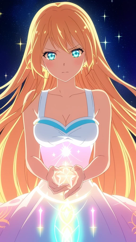 beautiful girl, puffy tiered ballgown, vibrant pastel colors,(20years old,madure female),angry,closed mouth,white dress,cleavage,sleeveless,((glowing blonde long hair)), magical lights, sparkling magical liquid, inspired by Glen Keane, inspired by Lois van Baarle, disney art style, by Lois van Baarle, glowing aura around her, by Glen Keane, jen bartel, glowing lights! digital painting, flowing glowing hair, glowing flowing hair, beautiful digital illustration, fantasia background, whimsical, magical, fantasy, ((beautiful face)), ((masterpiece, best quality)), intricate details, highly detailed, sharp focus, 8k resolution, sparkling detailed eyes, liquid watercolor,