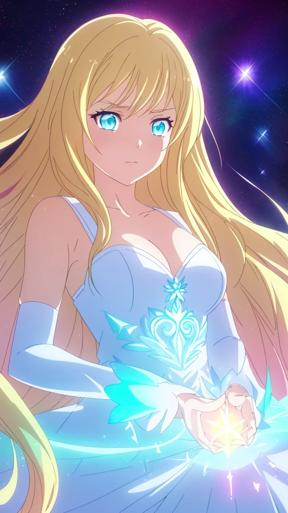 beautiful girl, puffy tiered ballgown, vibrant pastel colors,(20years old,madure female),angry,closed mouth,white dress,cleavage,sleeveless,((glowing blonde long hair)), magical lights, sparkling magical liquid, inspired by Glen Keane, inspired by Lois van Baarle, disney art style, by Lois van Baarle, glowing aura around her, by Glen Keane, jen bartel, glowing lights! digital painting, flowing glowing hair, glowing flowing hair, beautiful digital illustration, fantasia background, whimsical, magical, fantasy, ((beautiful face)), ((masterpiece, best quality)), intricate details, highly detailed, sharp focus, 8k resolution, sparkling detailed eyes, liquid watercolor,
