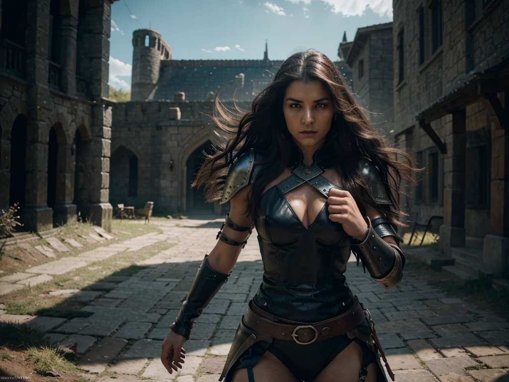 a fierce warrior woman, long flowing hair, detailed face, intense battle expression, powerful stance, medieval fantasy armor, shining metal, leather straps, glowing magical energy, dramatic lighting, epic fantasy landscape, (best quality,4k,8k,highres,masterpiece:1.2),ultra-detailed,(realistic,photorealistic,photo-realistic:1.37),cinematic lighting,epic fantasy art,dramatic shadows,vibrant colors,moody atmosphere