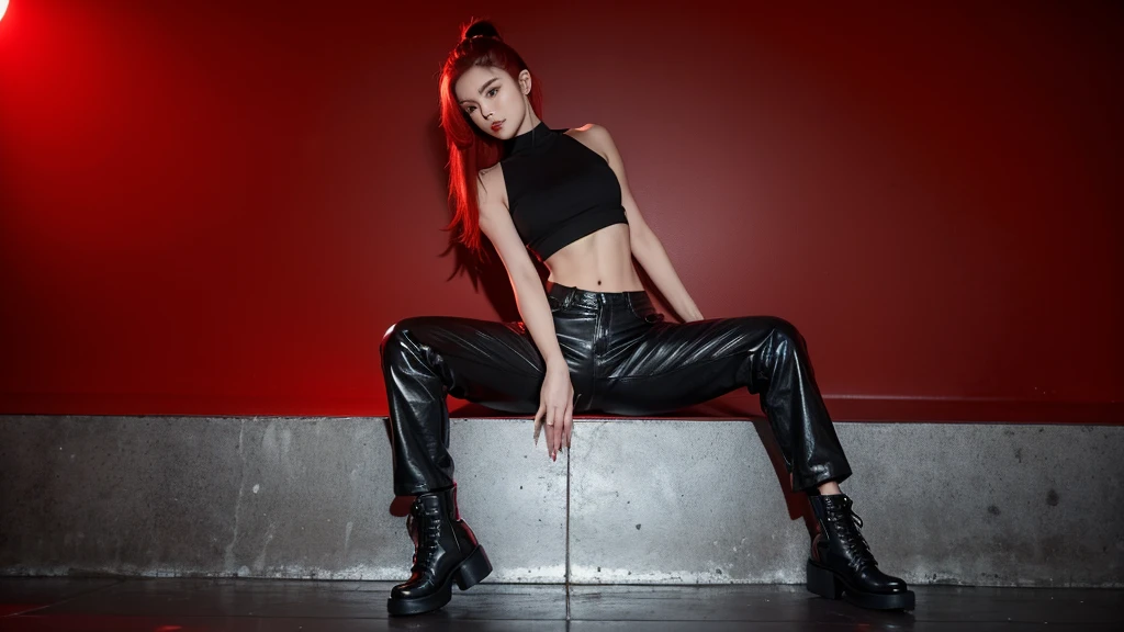 The scene is set in a dramatic, dark urban environment with exposed steel beams and large walls bathed in intense red light. The ground is wet, reflecting the red illumination, creating a powerful glow.
Kpop idol girl has striking red hair styled in a sleek, high ponytail. She wears a black leather jacket with silver studs, a fitted black crop top, high-waisted black pants, and combat boots.
Pose: Nova stands confidently with one foot on a low wall, leaning slightly forward. Her left hand rests on her knee