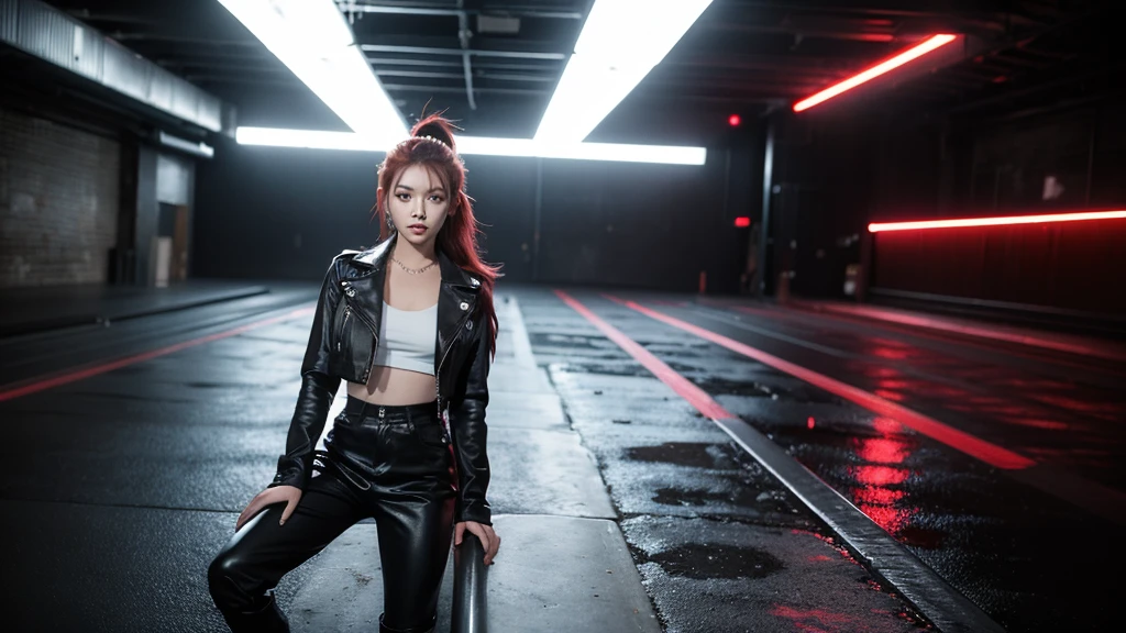 The scene is set in a dramatic, dark urban environment with exposed steel beams and large walls bathed in intense red light. The ground is wet, reflecting the red illumination, creating a powerful glow.

Kpop idol girl has striking red hair styled in a sleek, high ponytail. She wears a black leather jacket with silver studs, a fitted black crop top, high-waisted black pants, and combat boots.
Pose: Nova stands confidently with one foot on a low wall, leaning slightly forward. Her left hand rests on her knee