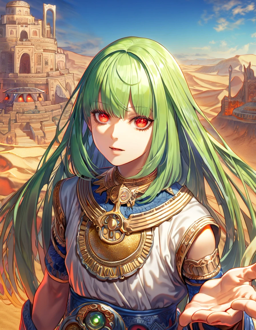 absurdres, highres, ultra detailed, HDR, master piece, best quality, extremely detailed face, delicated features, Enkidu, long light green hair, with bangs, expressive red eyes, Fate Grand Order, white tunic, solo, sexy man, handsome, uruk, ancient city, fantasy, desert, palms, kingdom