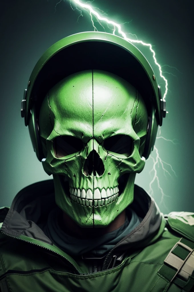 Skull with green military helmet, lightning strike