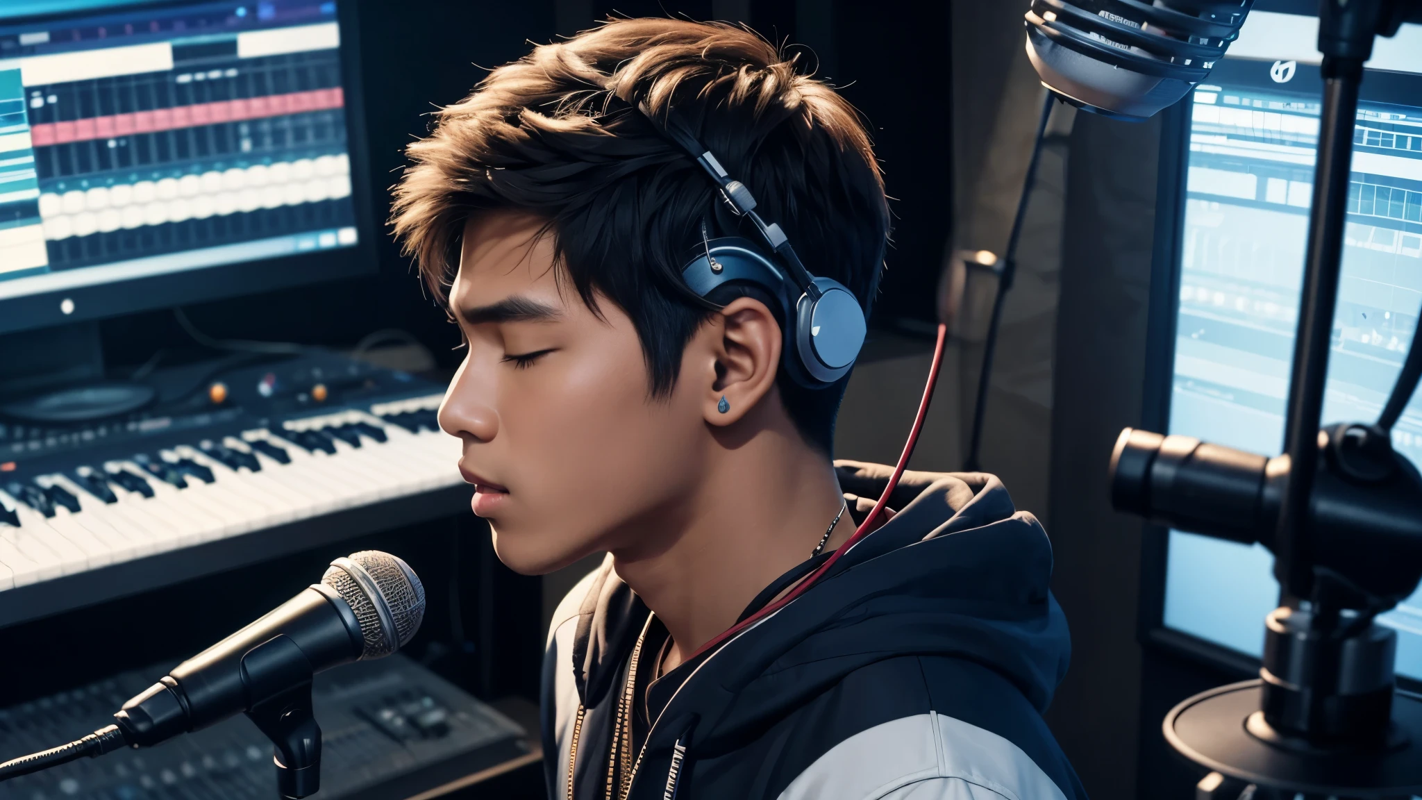 young filipino male singer singing in a studio, passionate, closed eyes, studio microphone, studio headphones