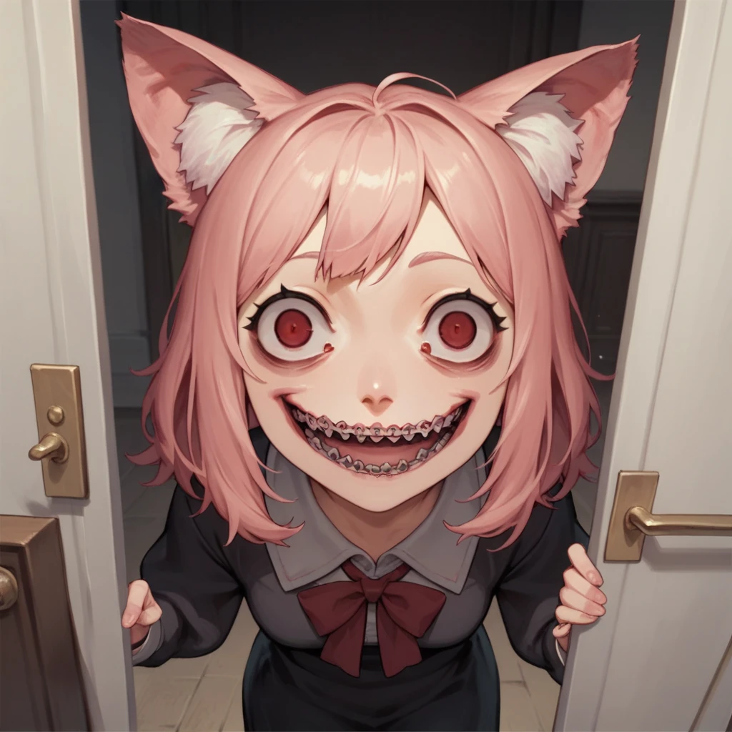 Top quality, masterpiece, animal ear girl, pink hair, red eyes, empty eyes, standing in front of the door, crazy smile, horror style