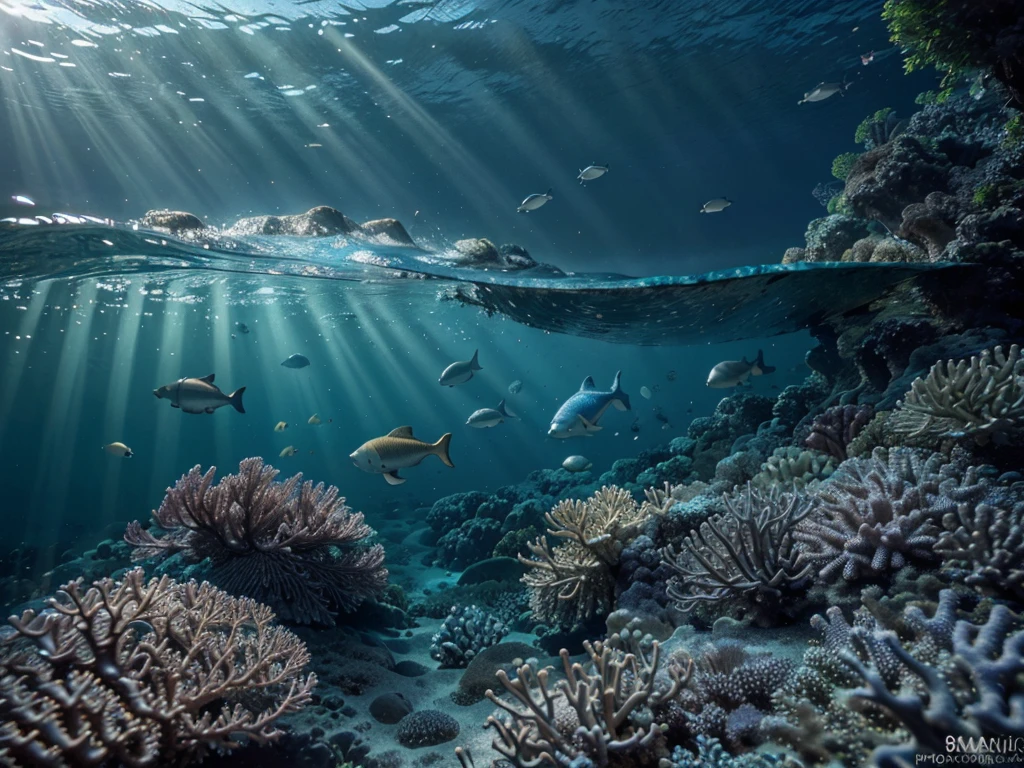(best quality,4k,8k,highres,masterpiece:1.2),ultra-detailed,(realistic,photorealistic,photo-realistic:1.37),underwater scene,diver in deep blue ocean,coral reef,tropical fish,sunlight filtering through the water,schools of fish,detailed scuba diving equipment,calm ocean waves,beautiful marine life,vivid blue tones,dramatic lighting,serene and peaceful atmosphere