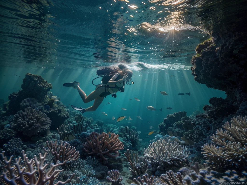 (best quality,4k,8k,highres,masterpiece:1.2),ultra-detailed,(realistic,photorealistic,photo-realistic:1.37),underwater scene,diver in deep blue ocean,coral reef,tropical fish,sunlight filtering through the water,schools of fish,detailed scuba diving equipment,calm ocean waves,beautiful marine life,vivid blue tones,dramatic lighting,serene and peaceful atmosphere