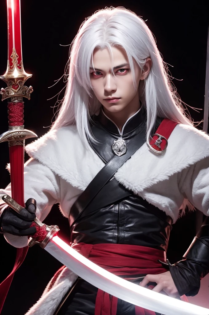 A young man with white hair and red eyes holding a sword