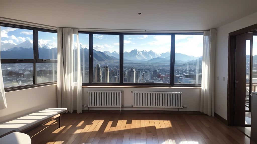 “In the early morning, sunlight streams through the window, illuminating the cityscape with distant mountains in the background. Close to the window, against the wall, there is a white table with nothing placed on it. The room’s interior is predominantly white, sparsely furnished. The view through the window takes center stage, capturing the essence of the cityscape and distant mountains, with the white table subtly visible in the foreground.”