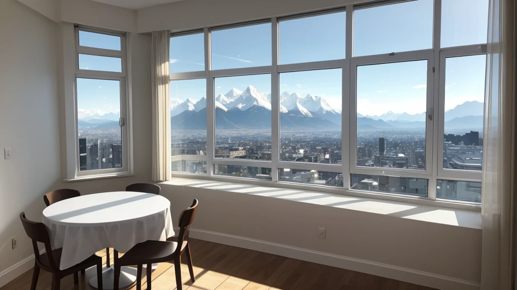 “In the early morning, sunlight streams through the window, illuminating the cityscape with distant mountains in the background. Close to the window, against the wall, there is a white table with nothing placed on it. The room’s interior is predominantly white, sparsely furnished. The view through the window takes center stage, capturing the essence of the cityscape and distant mountains, with the white table subtly visible in the foreground.”