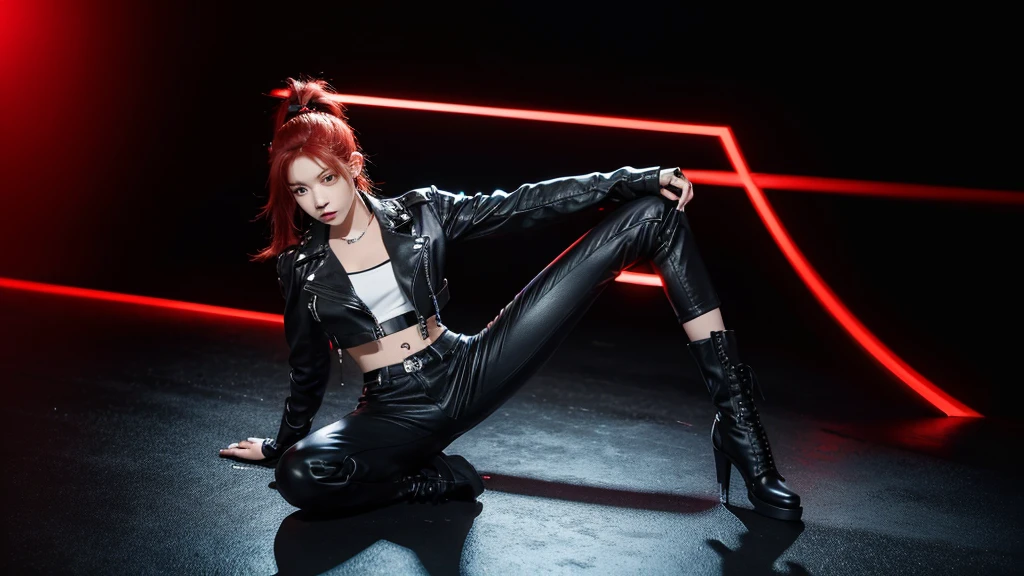 Kpop idol girl has striking red hair styled in a sleek, high ponytail. She wears a black leather jacket with silver studs, a fitted black crop top, high-waisted black pants, and combat boots.
Pose: Nova stands confidently with one foot on a low wall, leaning slightly forward. Her left hand rests on her knee. Red lights background
