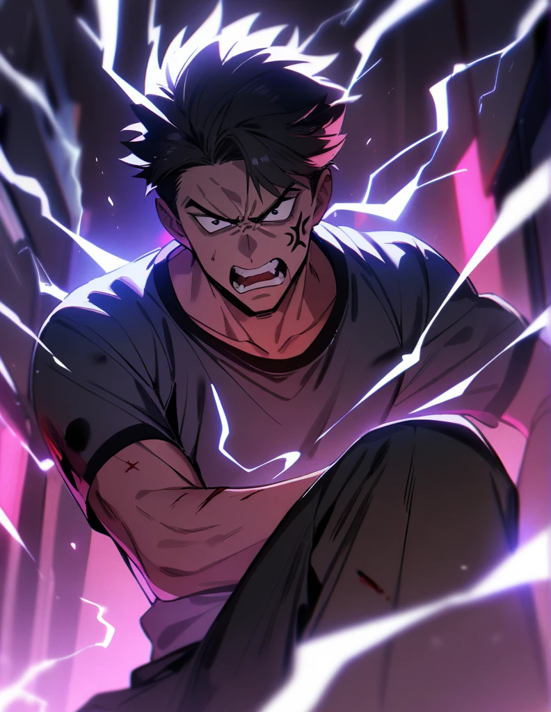 1boy, male focus, injury, electricity,, masterpiece, best quality, very aesthetic, absurdres, neon, angry, evil, black eyes and black veins