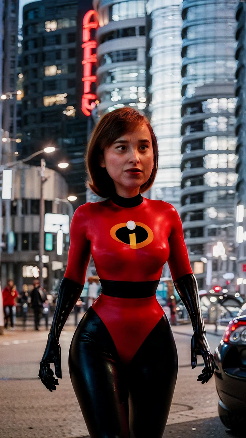 Masterpiece, (photorealistic1.4),Best quality, (solo), (1girl on night street)), (epiCRealLife), (lora:epiCFlashPhoto), (photorealistic1.4), (night scene), (night sky), (MsIncredible768red bodysuit ), (helenparr bodysuit), (dktj Dakota Johnson), (helenparr hairstyle), (MsIncredible768 latex bodysuit), (red latex bodysuit), (black elbow gloves), (MsIncredible768 costume), (black thighhigh),), (short hair), (MsIncredible768 hairstyle), (outside patio), (1girl), (look at viewer), (demure), (close up), (spot light), (flashphoto, flash photography), (night time), (at night), (f/2.8), (cowboy shots), (upper body shot), (from front), (new york night street), (neon signs)