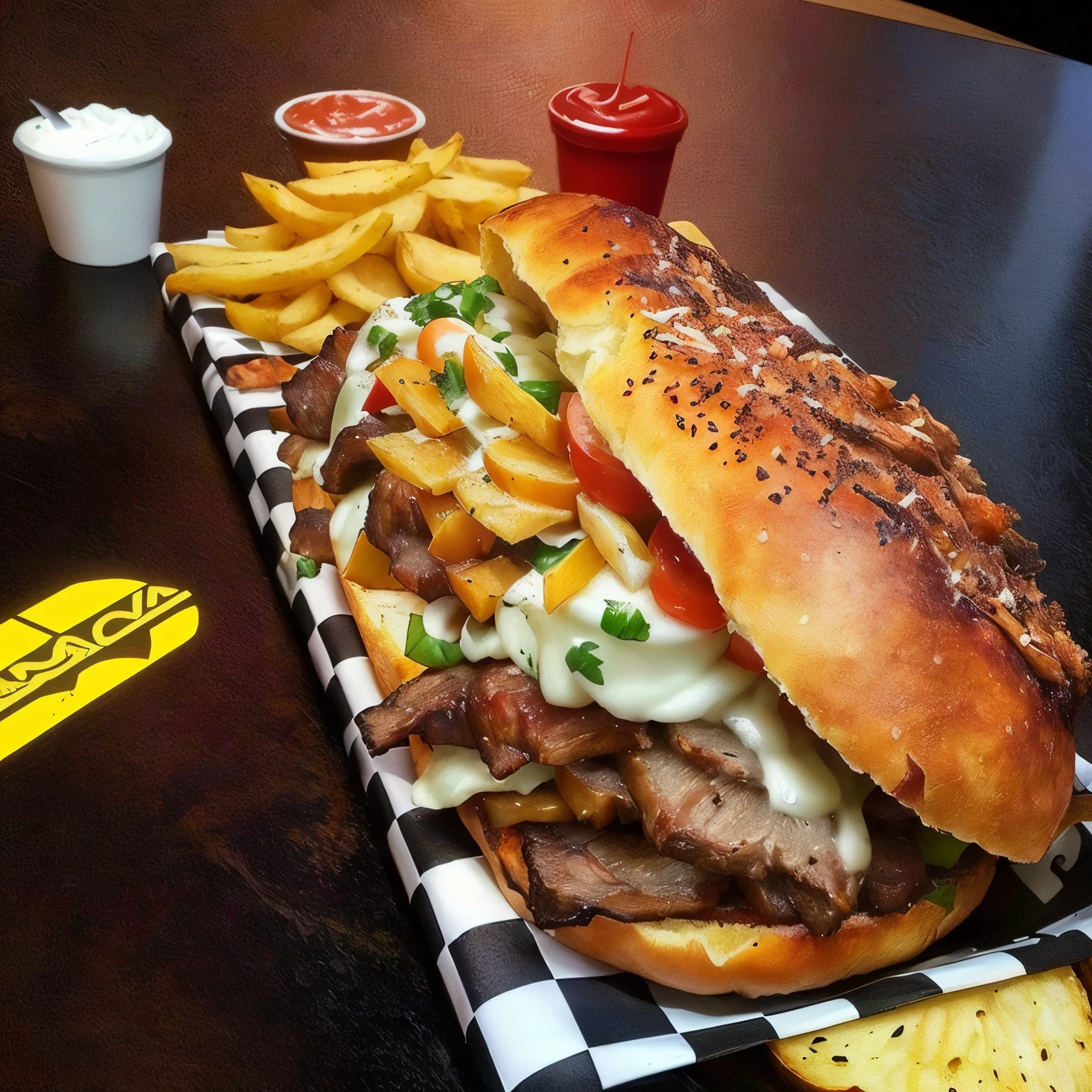 araffe sanduíche com batatas fritas and a side of ketchup, ❤🔥🍄🌪, Junta de fast food real, com batatas fritas, pulled pork sanduíche, por Derek Zabrocki, Churrasquinho, sombreado, desleixado, realista!!, por Aneurin Jones, detalhado!!!!!!!, !! muito coerente!!, por Austin English, por Joe Bowler, sanduíche, chicken sanduíche