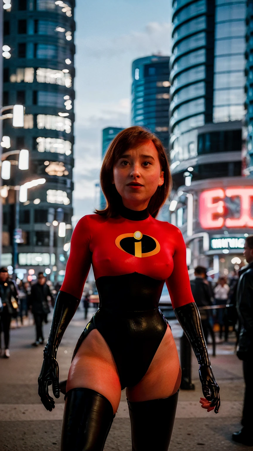 Masterpiece, (photorealistic1.4),Best quality, (solo), (1girl on night street)), (epiCRealLife), (lora:epiCFlashPhoto), (photorealistic1.4), (night scene), (night sky), (MsIncredible768red bodysuit ), (helenparr bodysuit), (dktj Dakota Johnson), (helenparr hairstyle), (MsIncredible768 latex bodysuit), (red latex bodysuit), (black elbow gloves), (MsIncredible768 costume), (black thighhigh),), (short hair), (MsIncredible768 hairstyle), (outside patio), (1girl), (look at viewer), (demure), (close up), (spot light), (flashphoto, flash photography), (night time), (at night), (f/2.8), (cowboy shots), (upper body shot), (from front), (new york night street), (neon signs)