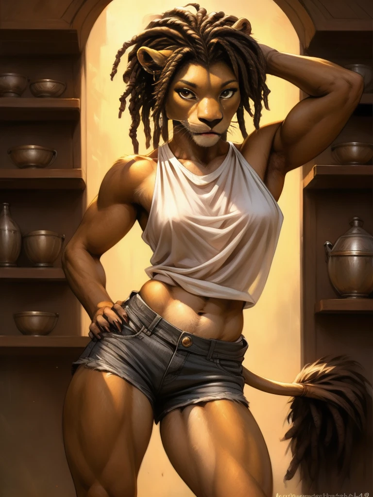 by kenket, by totesfleisch8, (by thebigslick, by silverfox5213:0.8), (by syuro:0.2), а lion, female, full body, brown fur, light brown eyes, muscular, athletic body, medium breast size, black medium length dreadlock hair, seductive, sexy pose, hip up, heands behind head, wearing short tight denim shorts and white crop shirt, bare shoulder, metallic stud earrings and hoop earrings in ears, lion tail,