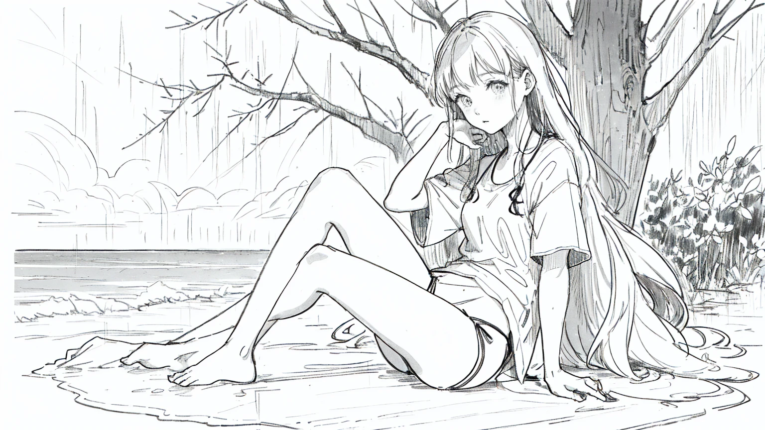 1girl, Line Art, monochrome, sketch, Pencil drawing, traditional media,1 girl, beachwear, beach, long hair, outdoors, rain, solo, sitting, tree, sky,