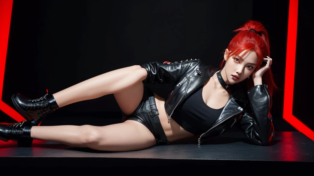 Kpop idol girl has striking red hair styled in a sleek, high ponytail. She wears a black leather jacket with silver studs, a fitted black crop top, high-waisted black pants, and combat boots.
Pose: Nova stands confidently with one foot on a low wall, leaning slightly forward. Her left hand rests on her knee. Red lights background. Close up