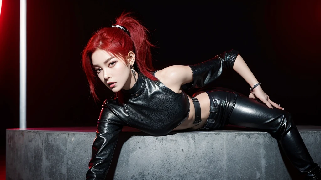 Kpop idol girl has striking red hair styled in a sleek, high ponytail. She wears a black leather jacket with silver studs, a fitted black crop top, high-waisted black pants, and combat boots.
Pose: Nova stands confidently with one foot on a low wall, leaning slightly forward. Her left hand rests on her knee. Red lights background. Close up