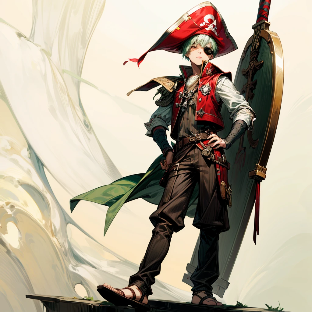 1boy, Full body version, 1character, brown eyes, albino skin, pirate eye patch, buzz cut hairstyle, green colour hair, flat facial expression, small eyes, red pirate hat, templar knight clothing, brown colour clothing, ancient Greek sandals, dagger knife in hand, buckler in hand, armor vest, Grassroots background in Pirate Ship