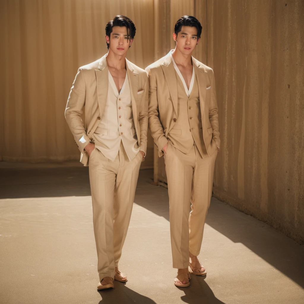 (1man:1.4),(male:1.2),(full body:1.2), age 25 handsome man , beach lighting , photo shoot of beige linen tuxedo coat pant ,portrait shoot 
