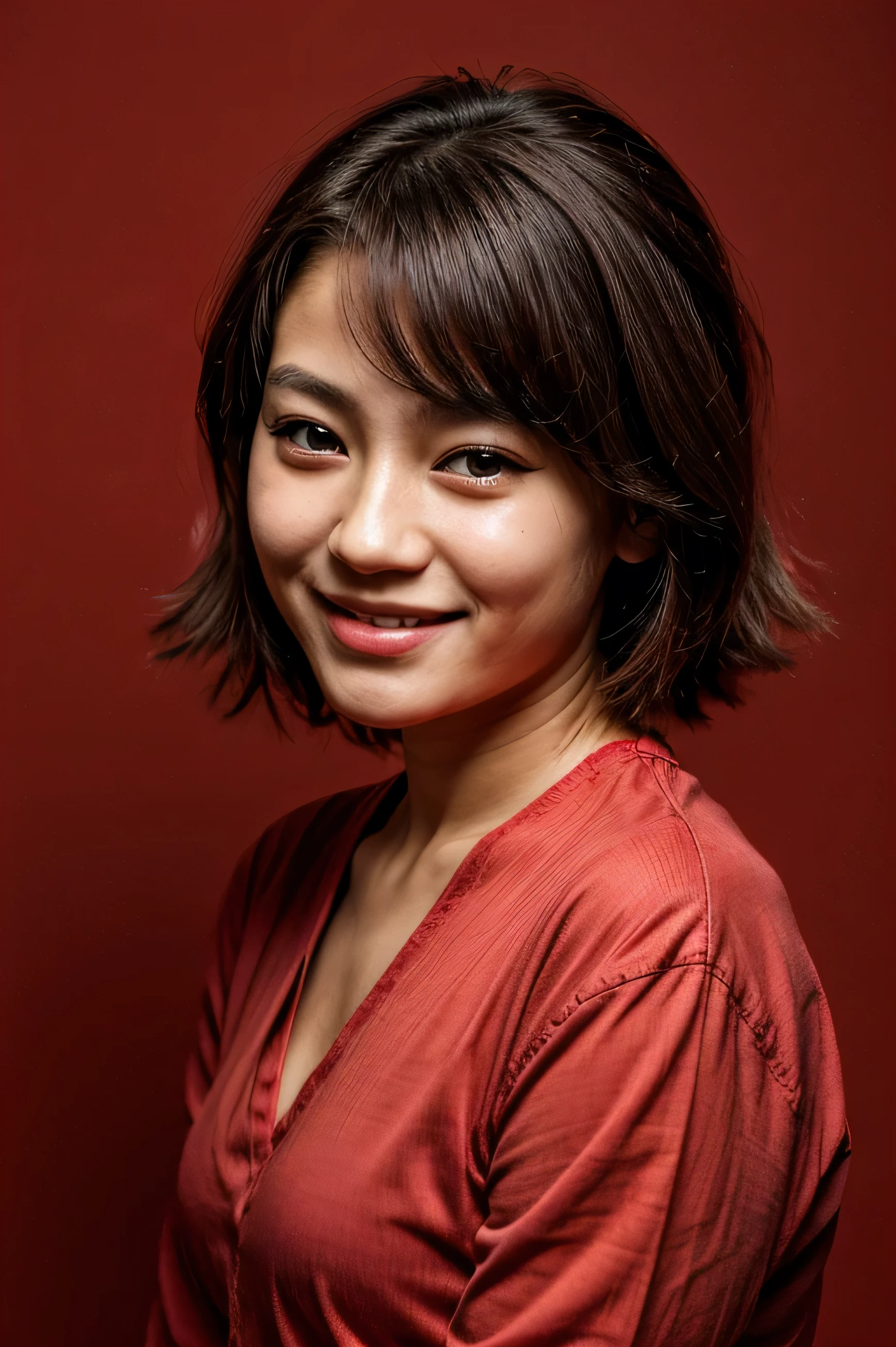 face perfect, beautiful face of a 14 year old Japanese , Smiling beautiful,in red background