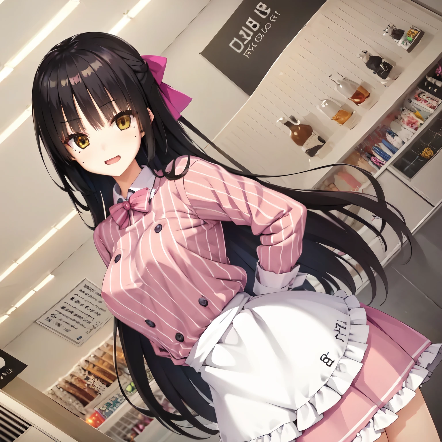 solo, Natsume, black hair, yellow eyes, mole under eye, long hair, hair bow, vertical-striped shirt, collared shirt, frilled skirt, waist apron, print apron, buttons, sleeves past elbows, arms on hips, (shopping mall:1.1)