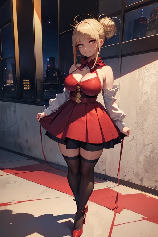 (Girl1),(alone:1.5),(Full Body Portrait Facing Fourth ParwdFull Body Portrait Facing Fourth Wall:1.5) ,**Himiko Toga** is a young woman of medium height with light blonde hair, tied into two messy buns. His eyes are bright yellow, with a mischievous expression and a characteristic smile.(Wearing),+,(A sexy erotic dress in the shape of a Christmas cupcake (midi dress) with the body of the dress molded to feminine curves and a deep neckline that reveals the breasts; vibrant red main color with gold thread details in the shape of icing and stars; fine lace around the waist and back of the dress; short skirt that ends above the kneecap, showing off long and seductive legs; red transparent knee-high socks with a waistband; red high-heeled shoes with gold thread details; hair tied with red bows; sensual makeup with red pencils and dark mascara; Sensual pose with hand on hip and seductive look.")