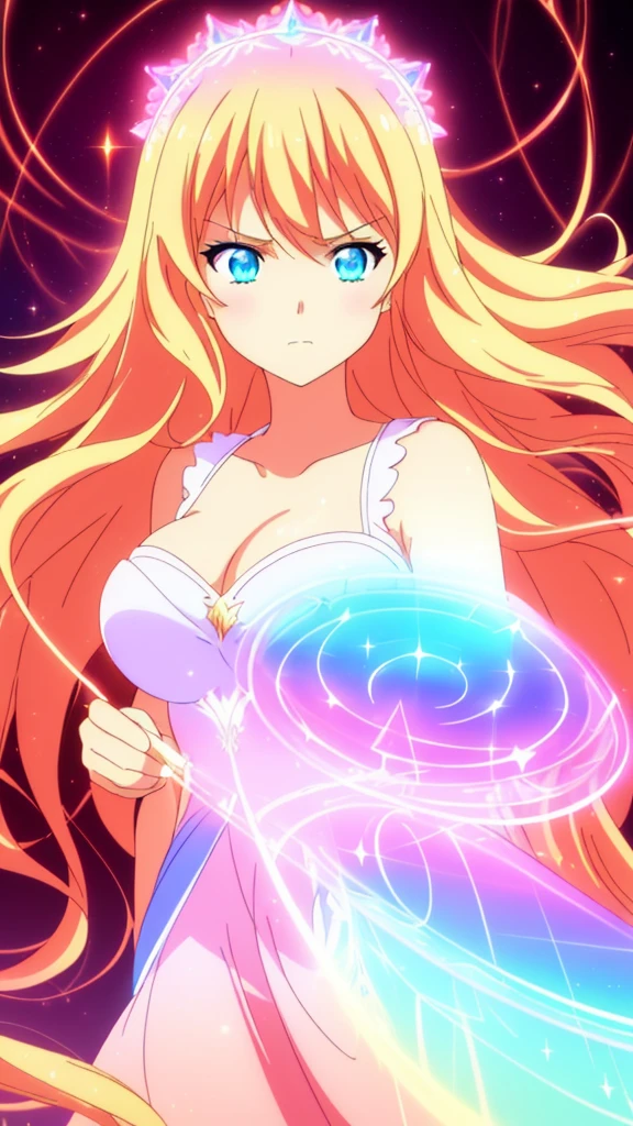beautiful girl, puffy tiered ballgown, vibrant pastel colors,(20years old,madure female),angry,closed mouth,white dress,cleavage,sleeveless,((glowing blonde long hair)), magical lights, sparkling magical liquid, inspired by Glen Keane, inspired by Lois van Baarle, disney art style, by Lois van Baarle, glowing aura around her, by Glen Keane, jen bartel, glowing lights! digital painting, flowing glowing hair, glowing flowing hair, beautiful digital illustration, fantasia background, whimsical, magical, fantasy, ((beautiful face)), ((masterpiece, best quality)), intricate details, highly detailed, sharp focus, 8k resolution, sparkling detailed eyes, liquid redcolor,