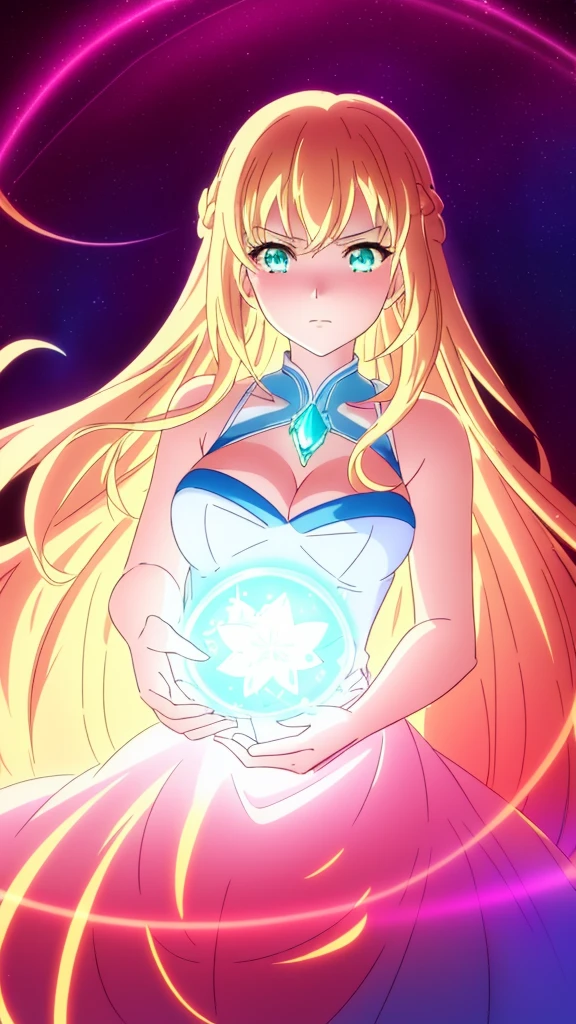 beautiful girl, puffy tiered ballgown, vibrant pastel colors,(20years old,madure female),angry,closed mouth,white dress,cleavage,sleeveless,((glowing blonde long hair)), magical lights, sparkling magical liquid, inspired by Glen Keane, inspired by Lois van Baarle, disney art style, by Lois van Baarle, glowing aura around her, by Glen Keane, jen bartel, glowing lights! digital painting, flowing glowing hair, glowing flowing hair, beautiful digital illustration, fantasia background, whimsical, magical, fantasy, ((beautiful face)), ((masterpiece, best quality)), intricate details, highly detailed, sharp focus, 8k resolution, sparkling detailed eyes, liquid redcolor,