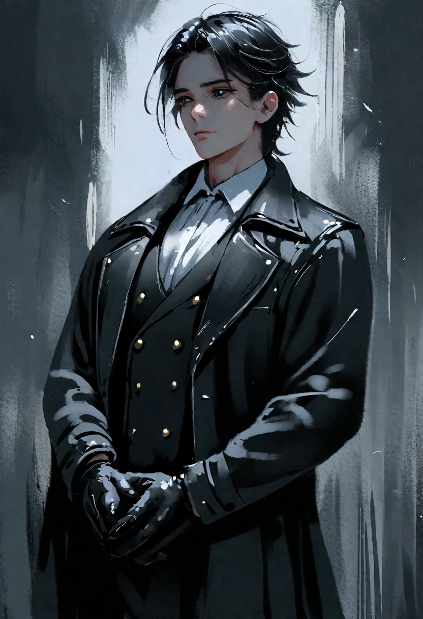 Masterpiece, a man in his 20s, has a well-built body, wearing a white shirt combined with a double-breasted black leather vest, a long black coat. He has a handsome face, sharp black eyes, neatly combed back black hair, well-proportioned face, cold expression, height 190cm, wearing black gloves. Perfect anatomy, perfect face, perfect hands, very detailed eye drawing with background painting with WLOP drawing style, WLOP drawing, WLOP painting, perfect painting drawing style, light novel illustration.