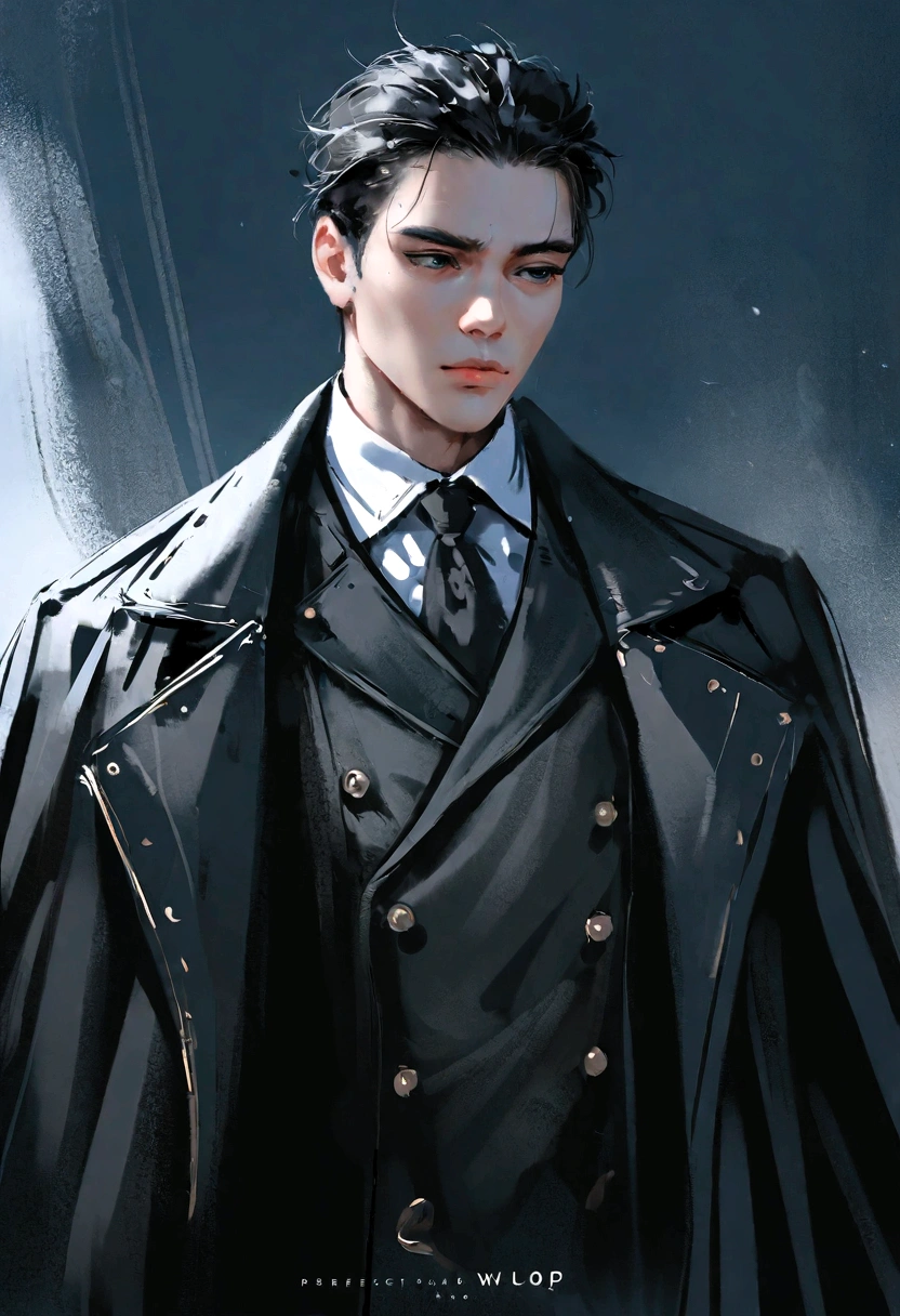 Masterpiece, a man in his 20s, has a well-built body, wearing a white shirt combined with a double-breasted black leather vest, a long black coat. He has a handsome face, sharp black eyes, neatly combed back black hair, well-proportioned face, cold expression, height 190cm, wearing black gloves. Perfect anatomy, perfect face, perfect hands, very detailed eye drawing with background painting with WLOP drawing style, WLOP drawing, WLOP painting, perfect painting drawing style, light novel illustration.