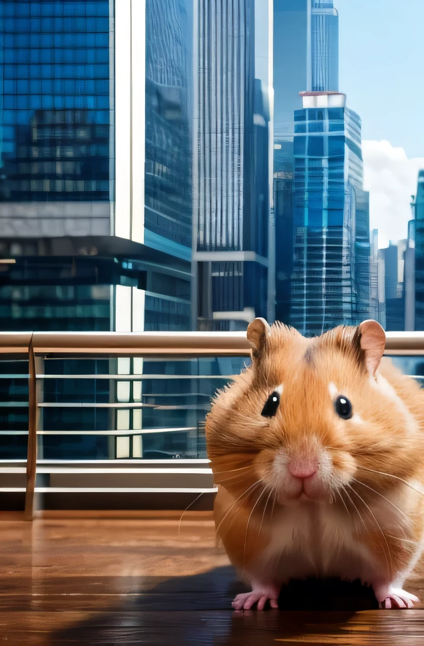 Draw a huge hamster against the background of a skyscraper in a metropolis (Best quality, 4K, 8 k, A high resolution, masterpiece:1.2),