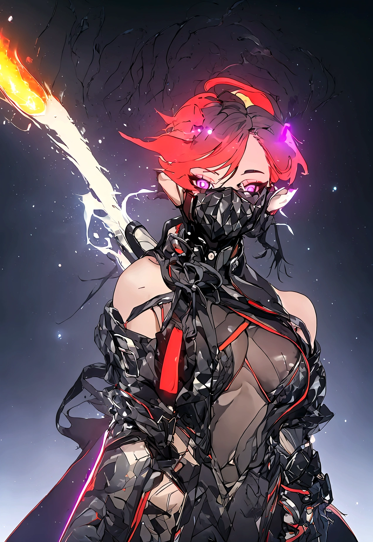 score_9, score_8_up, score_8_up, 1girl, depth of field, raw, intimate shot, (goth girl, face mask, ski mask, open jacket, off shoulder), nsfw, pierced nipples, ((glowing particles, flames)), large perfect breasts, (holding a weapon)