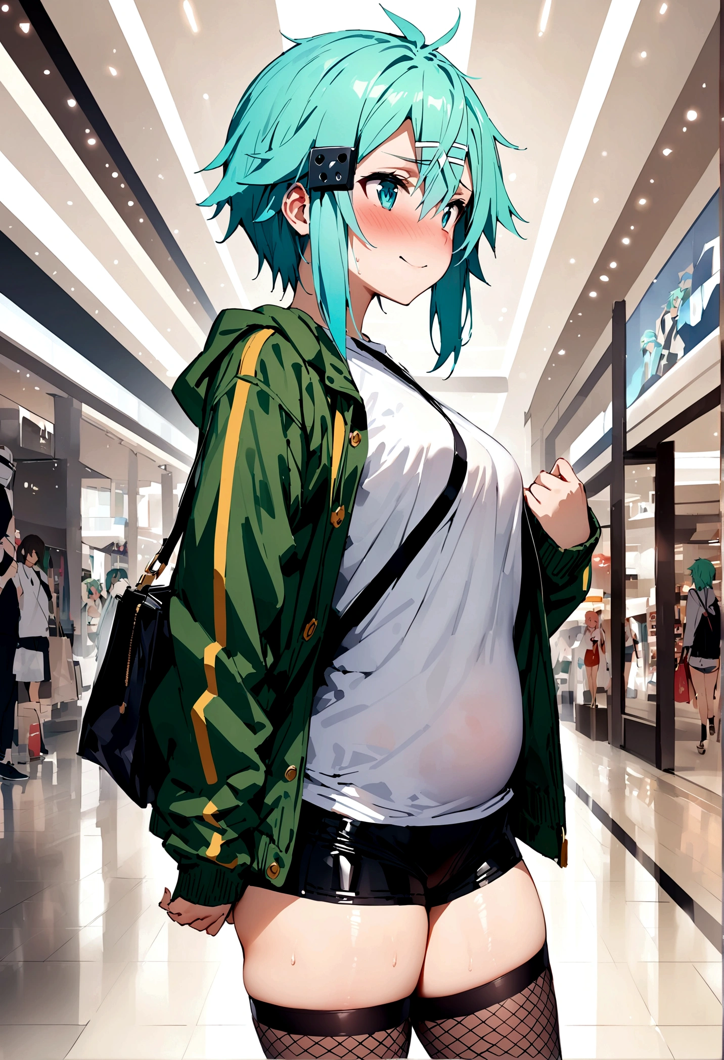 NSFW,masterpiece,Highest quality,High resolution,Super detailed,Sinon\(Sword Art Online\),Jacket,White T-shirt,cropped,Shorts,Fishnet tights,Shoulder bag,Embarrassed,expectant face,smile,blush,Shopping mall,Date,From the side