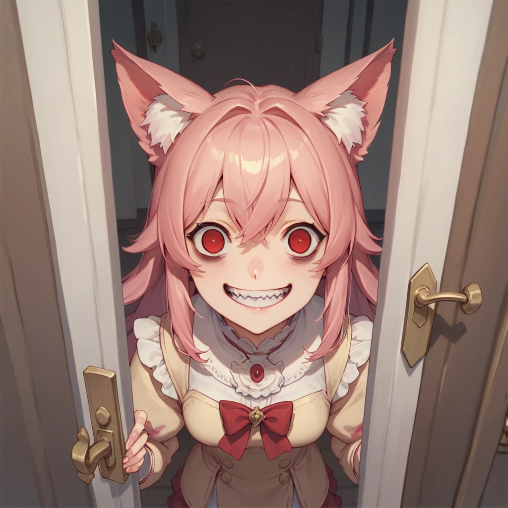 Top quality, masterpiece, animal ear girl, pink hair, red eyes, empty eyes, standing in front of the door, crazy smile