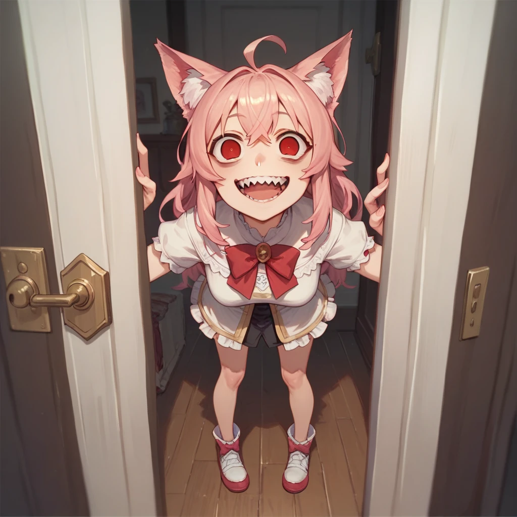 Top quality, masterpiece, animal ear girl, pink hair, red eyes, empty eyes, standing in front of the door, crazy smile