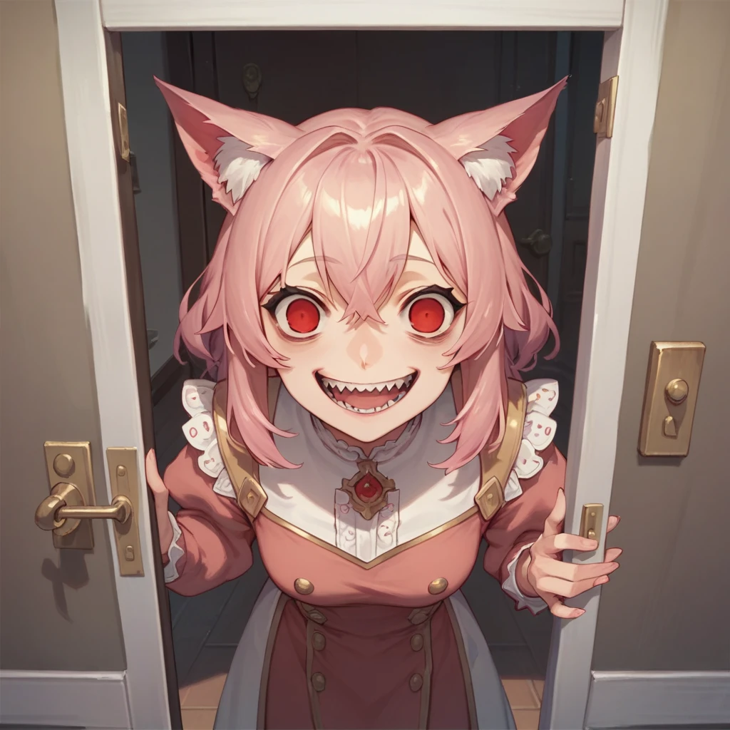 Top quality, masterpiece, animal ear girl, pink hair, red eyes, empty eyes, standing in front of the door, crazy smile