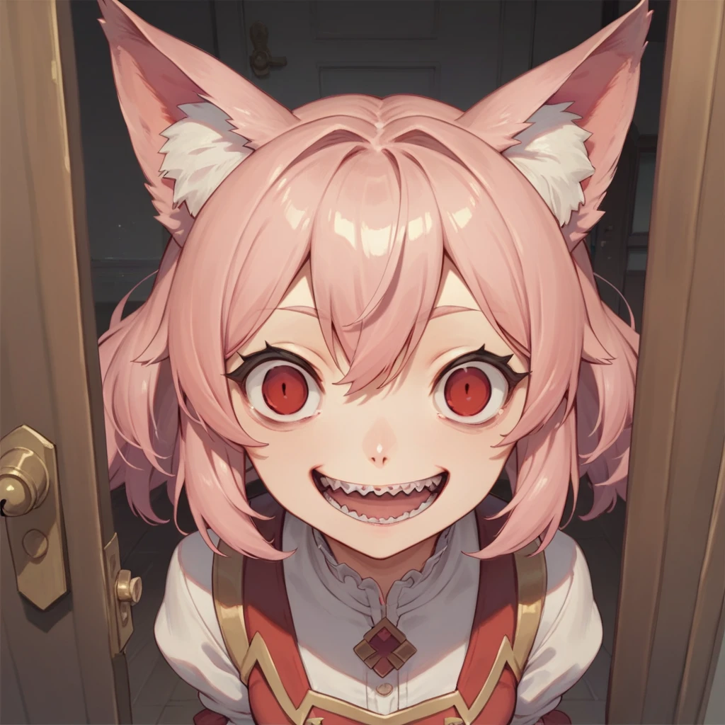 Top quality, masterpiece, animal ear girl, pink hair, red eyes, empty eyes, standing in front of the door, crazy smile