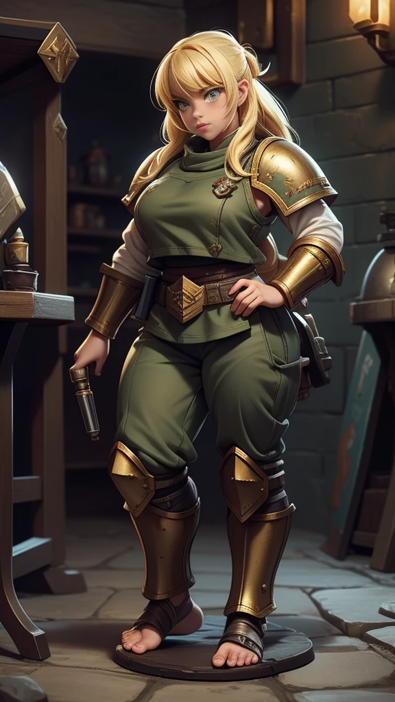 warhammer 40k imperial guardsman, female dwarf. blonde hair, ((large feet)), barefoot, hairs on feet, bare hand, hobbit, pants, armor