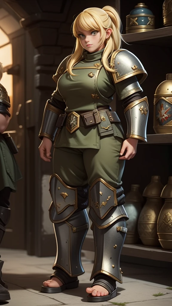 warhammer 40k imperial guardsman, female dwarf. blonde hair, ((large feet)), barefoot, hairs on feet, bare hand, hobbit, pants, armor