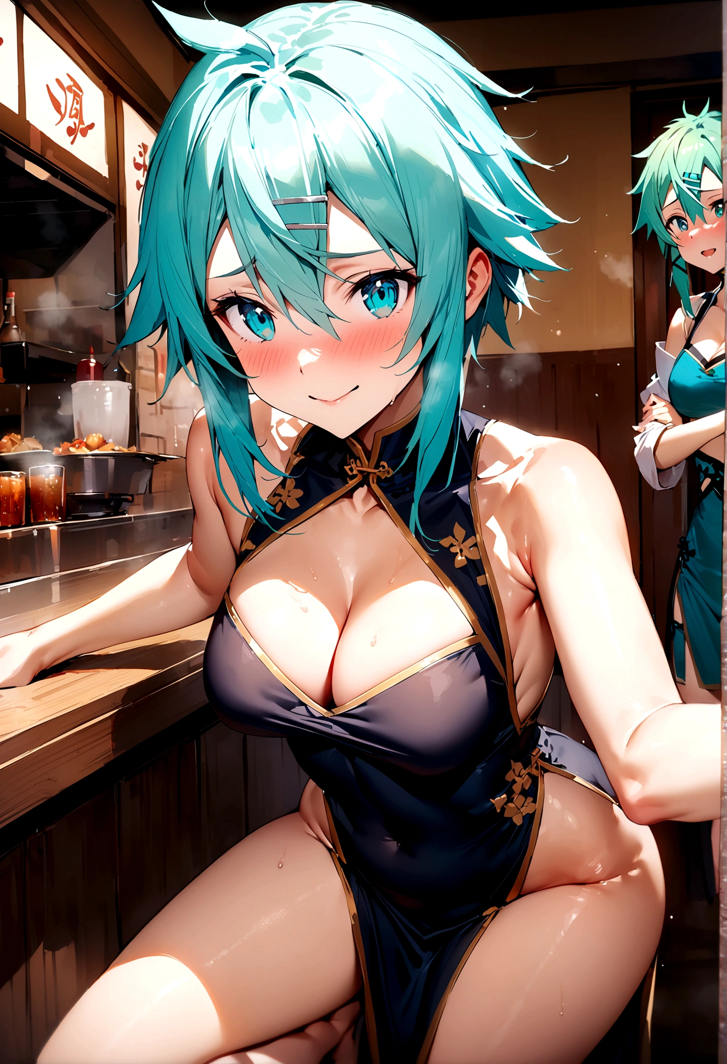 NSFW,masterpiece,Highest quality,High resolution,Super detailed,Sinon\(Sword Art Online\),(China dress),Bare shoulders,Cleavage, hair ornaments, Hair Clip,Embarrassed,expectant face,smile,blush,Chinese restaurant,Reception,Sexy pose,(male),maleの脚の上に座る