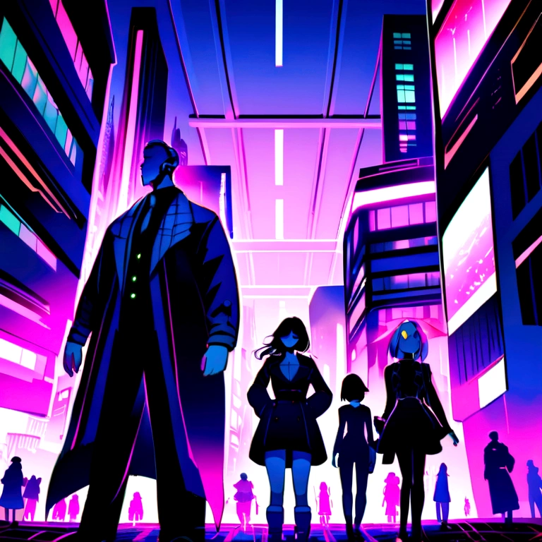 Create a futuristic cyberpunk landscape in a city with Cyborg people,with an old style of ladies and gentlemen