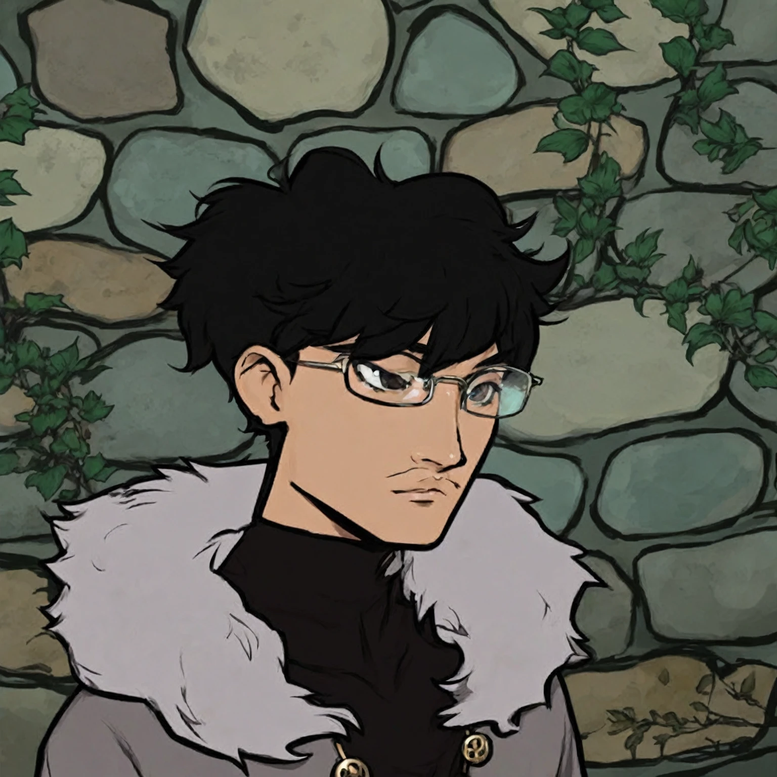 charachter de anime com óculos e gola de pele em frente a uma taverna, retrato de charachter meu, inspired by Okumura Masanobu, um retrato de charachter, inspired in kris from deltarrune, detailecharachter portrait, portrait of a dncharachter, as a d & charachter, retrato de conceito de charachter meu, handsome guy in demon slayer art